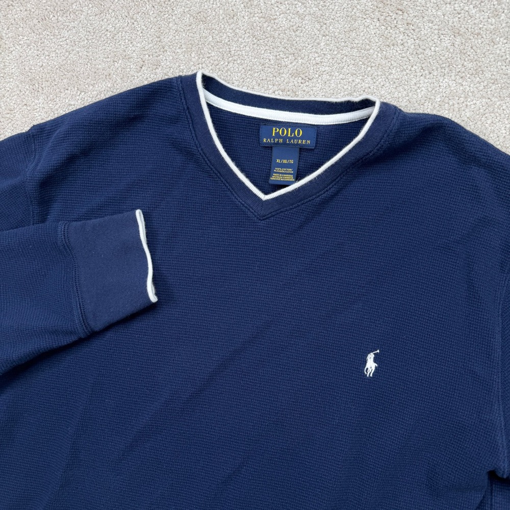 Polo Ralph Lauren Mens XL Thermal Shirt Navy Blue V-Neck Waffle Knit Long Sleeve